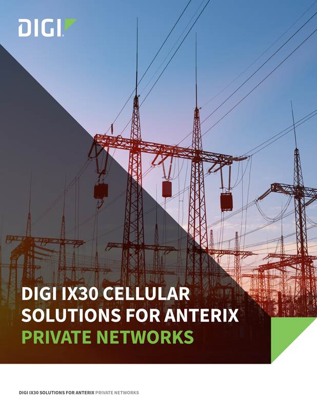 Cover of a Digi International solution brief featuring power transmission towers at sunset with text: “DIGI IX30 Cellular Solutions for Anterix Private Networks.