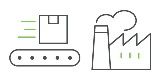 Box on conveyor belt moving toward factory