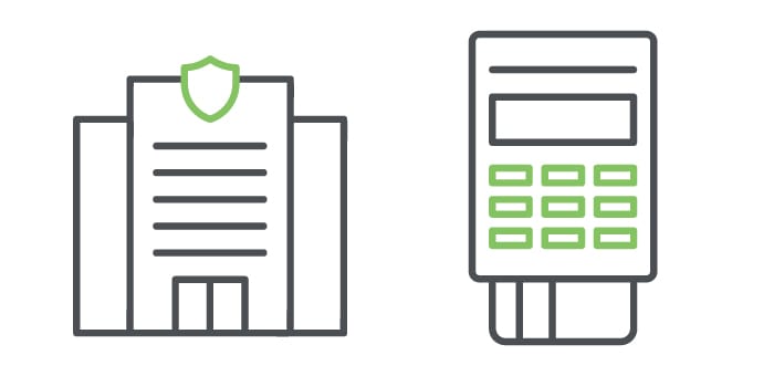 Secure building with shield icon and payment terminal