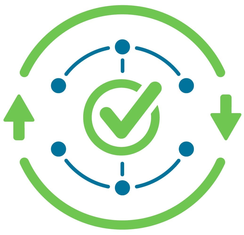Flechas circulares con marca de verificación que indican un flujo de datos seguro.