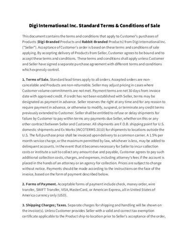 Digi International Inc. Standard Terms & Conditions of Sale cover page